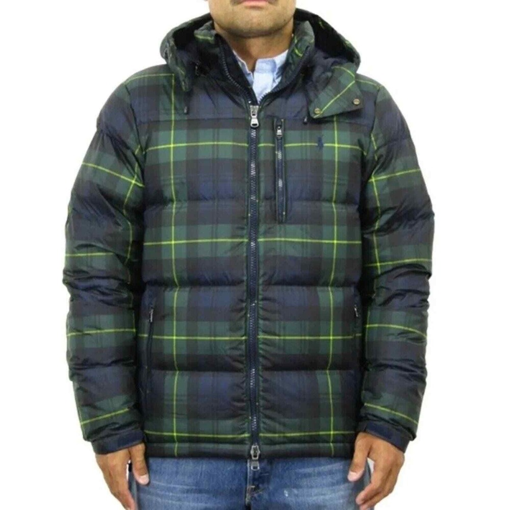 Polo Ralph Lauren Hooded Puffer Down Jacket Coat Tartan Plaid men size large new